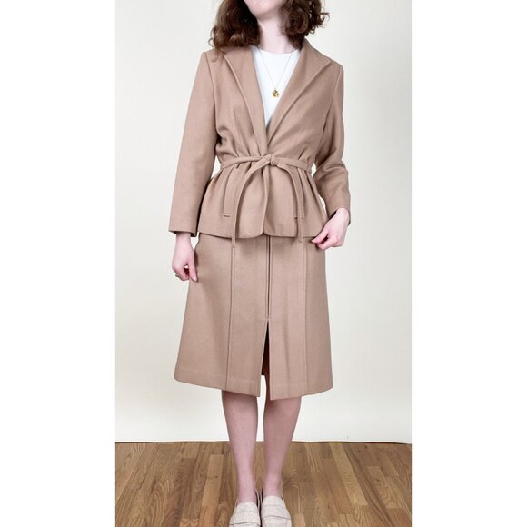 Vintage Camel Hair Wool Matching Midi Skirt Suit Set Preppy Belted Co-ord Formal - Picture 8 of 8